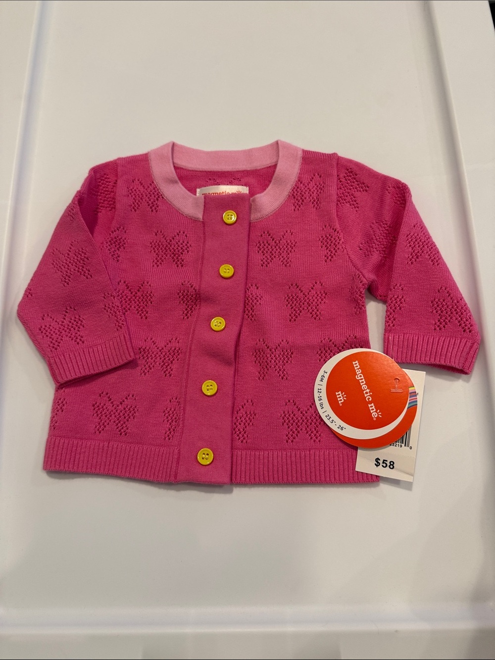 Magnetic Me Hot Pink Knit Baby Cardigan with Yellow Buttons